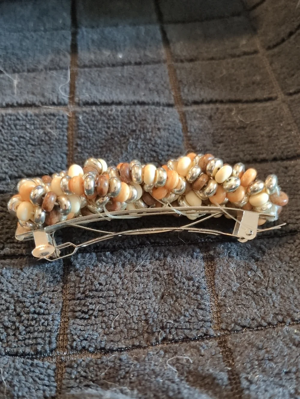 Handmade Beaded Barrette - Cream, Tan & Silver